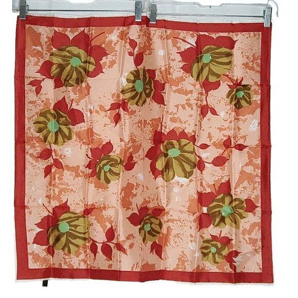 Vintage Floral Square Scarf Neckerchief Coral Orange Red Green Japan Acetate - Picture 1 of 2